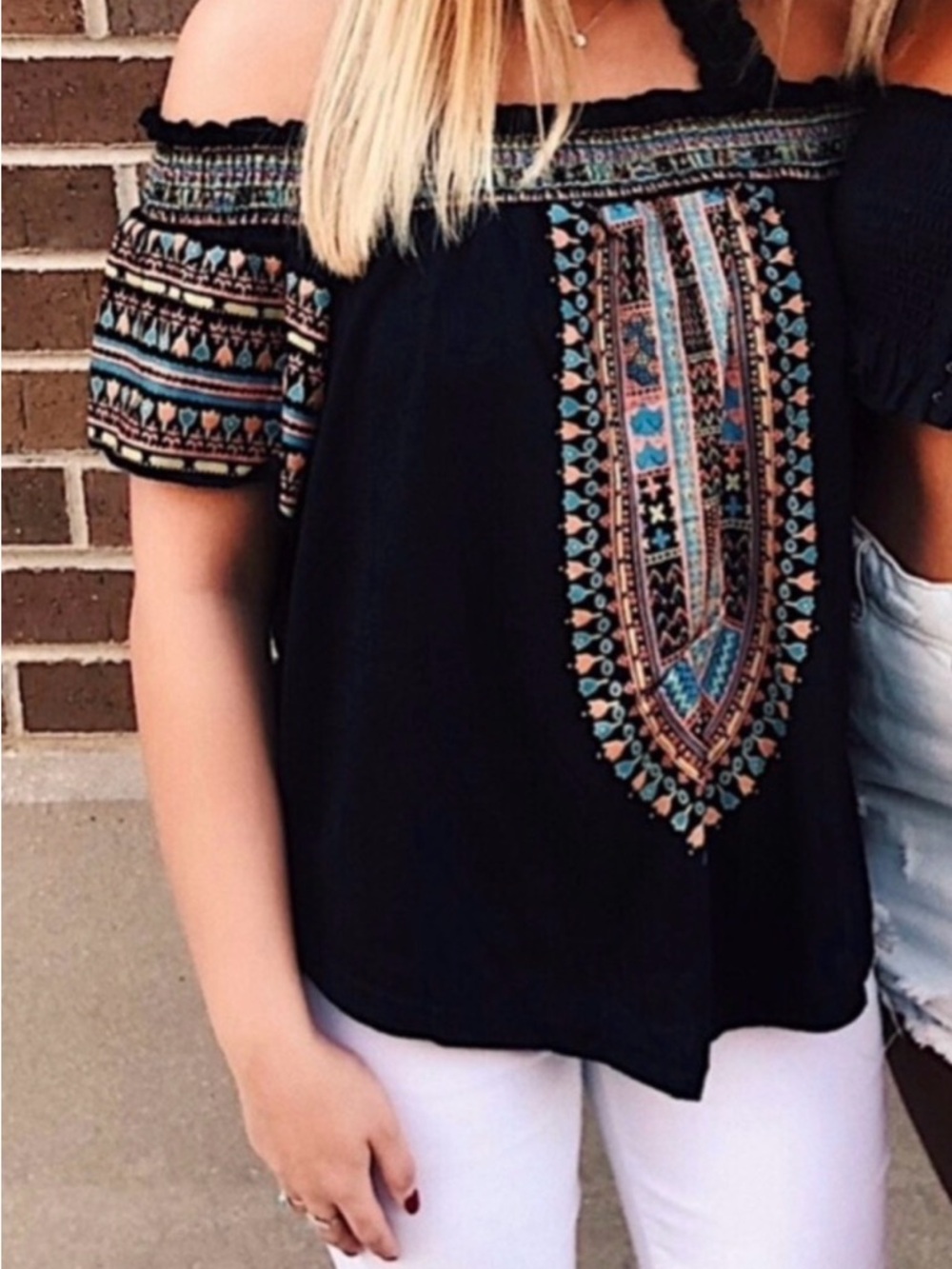 Shein Boho Off-Shoulder Bardot Neckline Embroidered Black Top Size Large